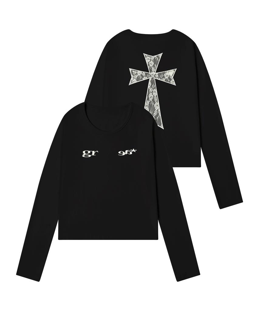 GRAVER [Unisex] Lace Back Cross U-Neck Long Sleeve_Black