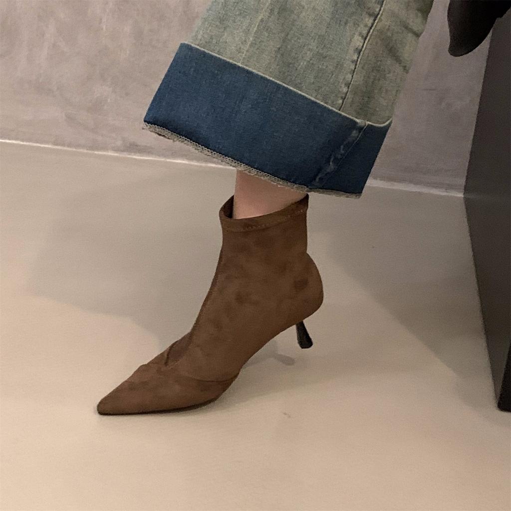 High Heel Thin Heel Pointed Suede Thin Boots Short Boots Women's Shoes 2025 New Autumn and Winter Brown French Small Ankle Boots