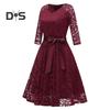 Women Prom Dress V Neck Back Zipper Bow Belt Tight Mid Waist Flower Embroidery A-line Loose Hem Long Sleeve Double Layers Elegant Party Banquet Midi