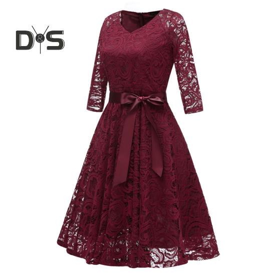 Women Prom Dress V Neck Back Zipper Bow Belt Tight Mid Waist Flower Embroidery A-line Loose Hem Long Sleeve Double Layers Elegant Party Banquet Midi