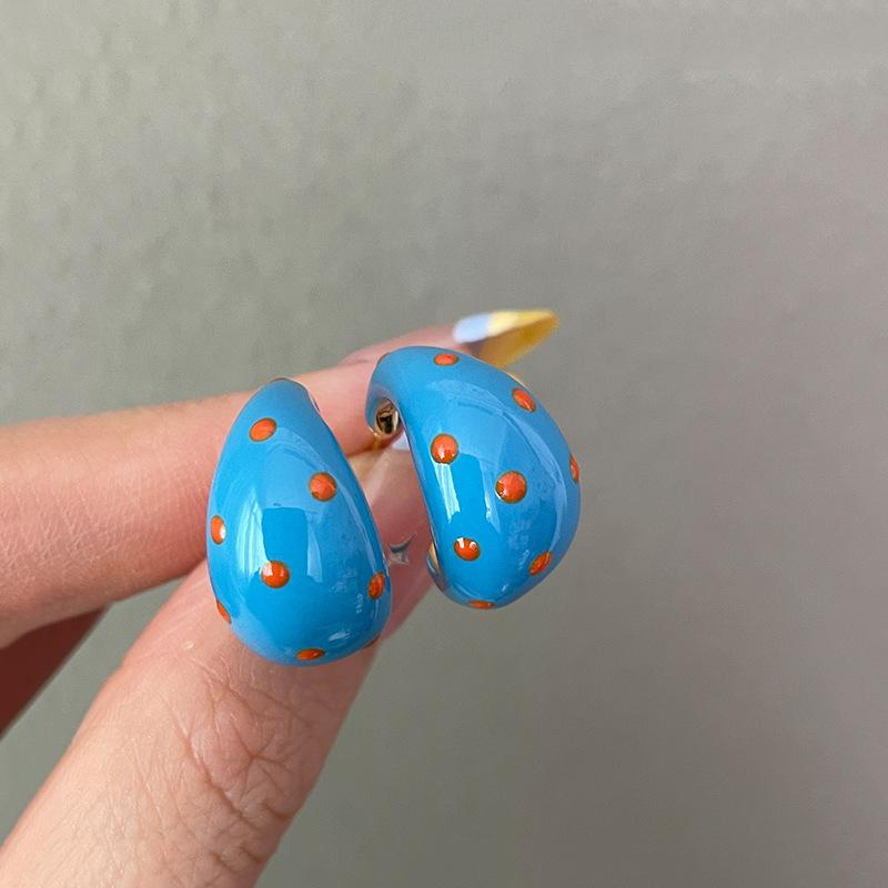 Sweet Colorful Polka Dot Enamel Geometric C-Shaped Hoop Earrings for Women Minimalist Korean Style Fashion Design Party Jewelry