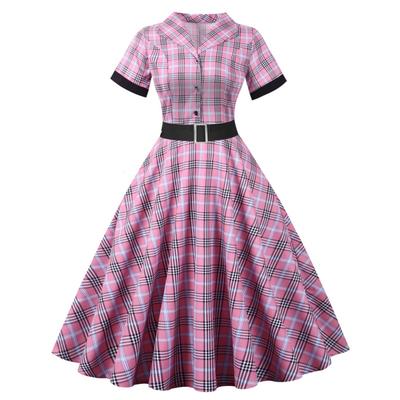 Robe d'été courte à carreaux pour femme, style vintage, col montant, boutonnage simple, manches courtes, avec ceinture, large balancier
