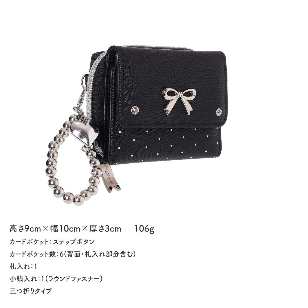 Coboca+ WC25111 Tri-fold Wallet, Black, with Ribbon, 6 Card Slots, Coin Purse, Polka Dot Pattern, 9cm X 10cm X 3cm, with Bead Charm (Black)