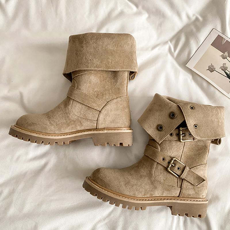 

Весна Осень Женские Ботильоны с Пряжкой на Ремне Модные Квадратные Низкие Каблуки Повседневные Ботильоны До Середины Икры Женские Туфли Без Застежек 35