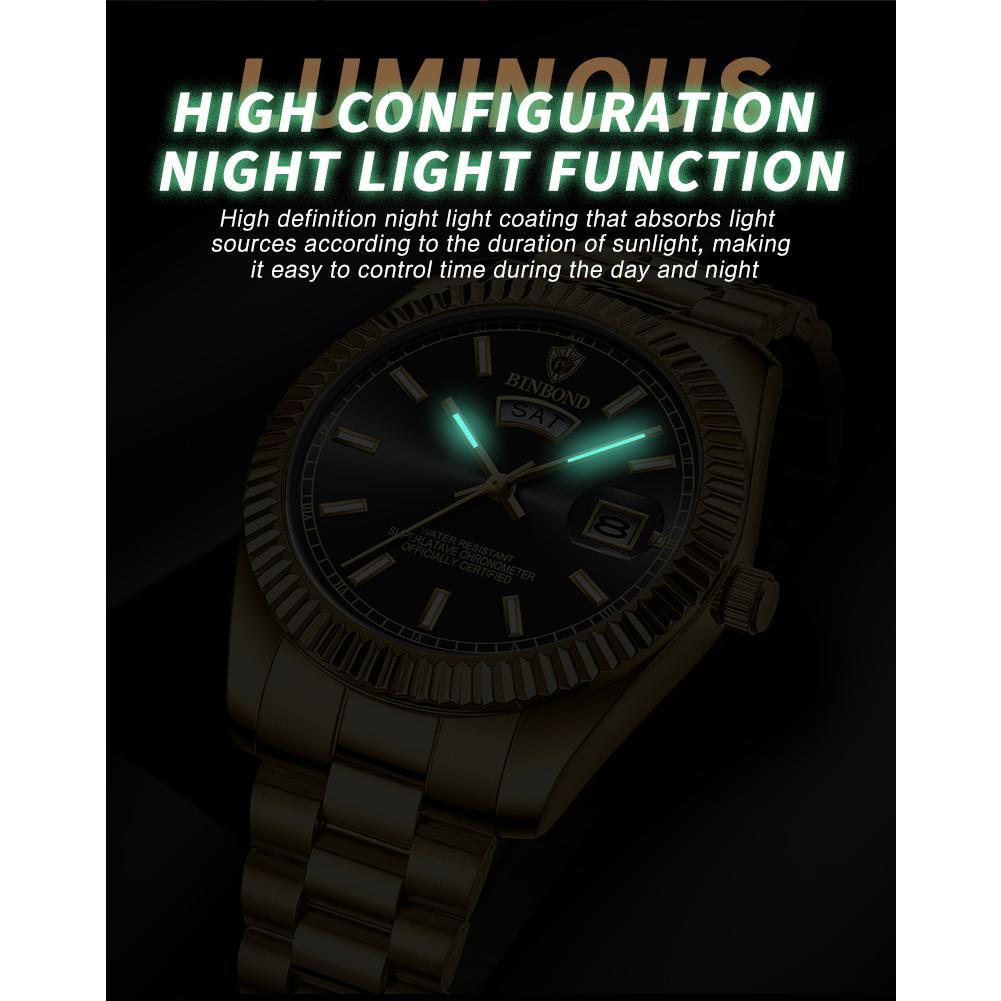 BINBOND Orologio da polso da uomo sportivo al quarzo classico impermeabile luminoso con calendario creativo, orologio da polso personalizzato in oro