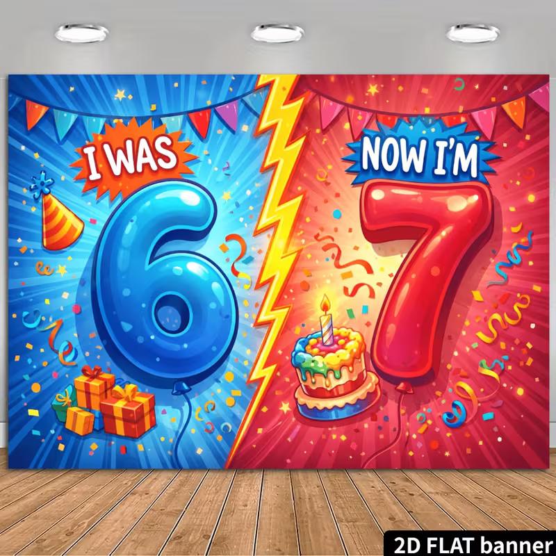2D Cartoon Style 7th Birthday Backdrop for Kids Celebration 47.2x31.5inch/120*80cm