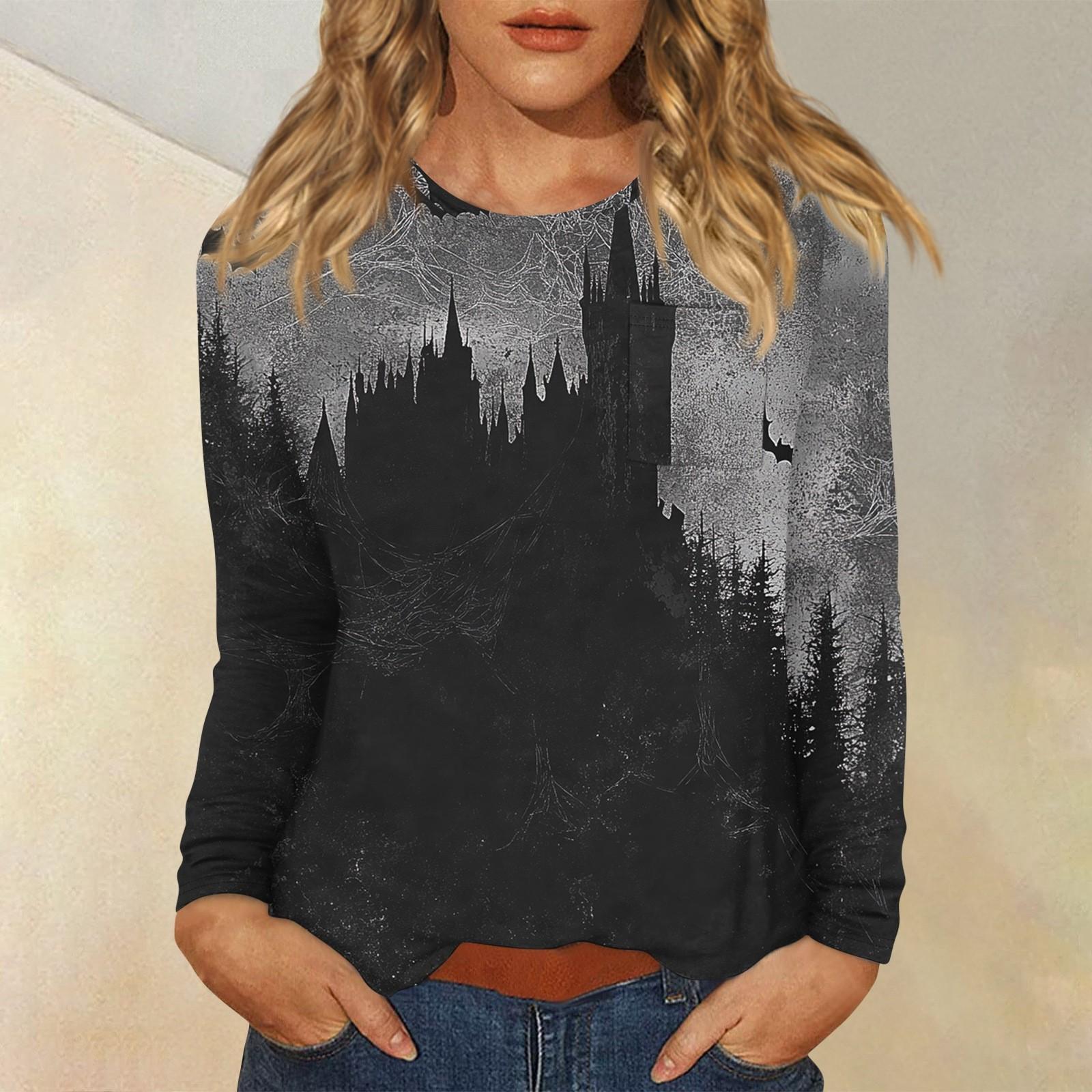 

Женская мода Повседневная ретро-принт с круглым вырезом и длинным рукавом Декоративная футболка Топ M