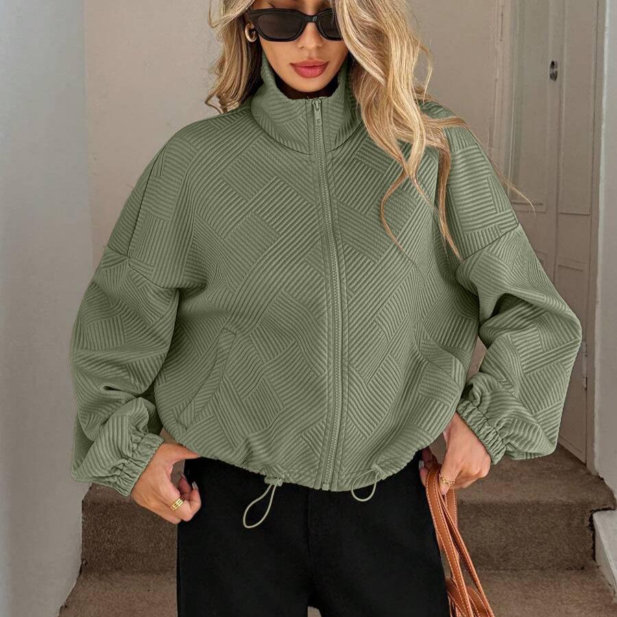 Fall Winter High Neck Zipper Drawstring Pocket Women Loose Baseball Jacket Coat