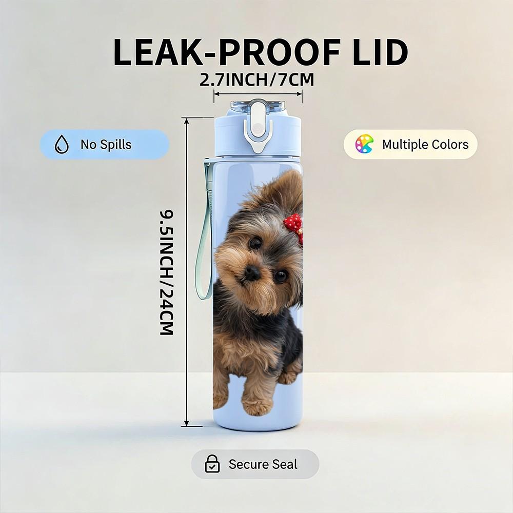 1PC Small Yorkie Puppy Headshot 750ml Color Plastic Sports Water Bottle Leakproof Flip Straw Lid Suitable for Sports Office Home Use
