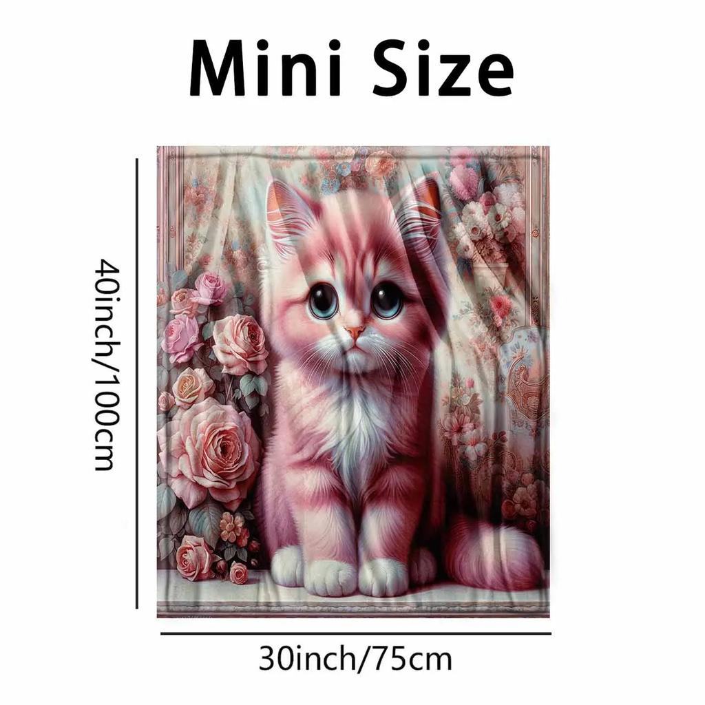 Charming Pink Rose & Cat Design Soft Microfiber Throw Blanket – Cozy for Bed, Sofa, Camping, Picnic & Winter Decor