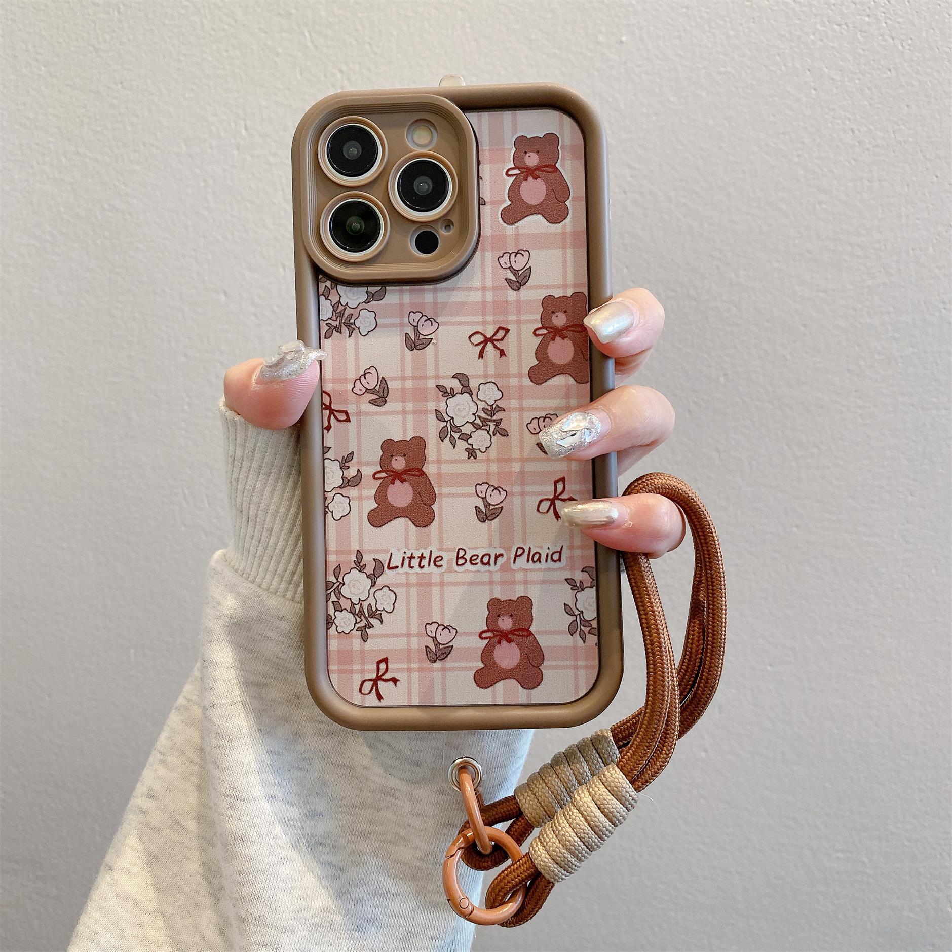 

Plaid Bear Suitable for Apple 16promax Mobile Phone Case with Bracelet 15 Fine Holes All Inclusive 14 Protective Case Xr Soft Shell Apple 12