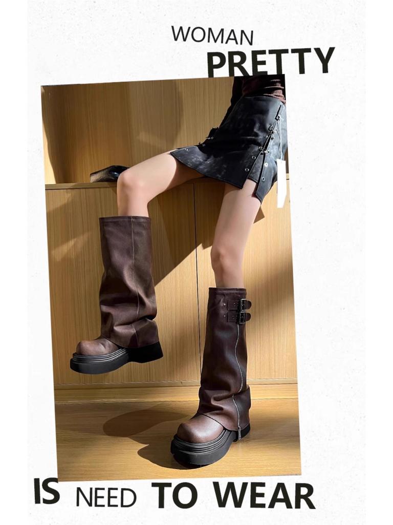 Women's 2025 Over-the-Knee Chunky Heel Riding Boots - Large Calf, Retro Thick Sole, Ruched Shaft, Knee-High Boots.