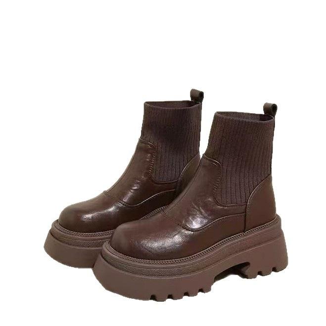 Thick-soled British Chelsea Boots Autumn and Winter New Retro Round Boots Short Boots Martin Boots Brown