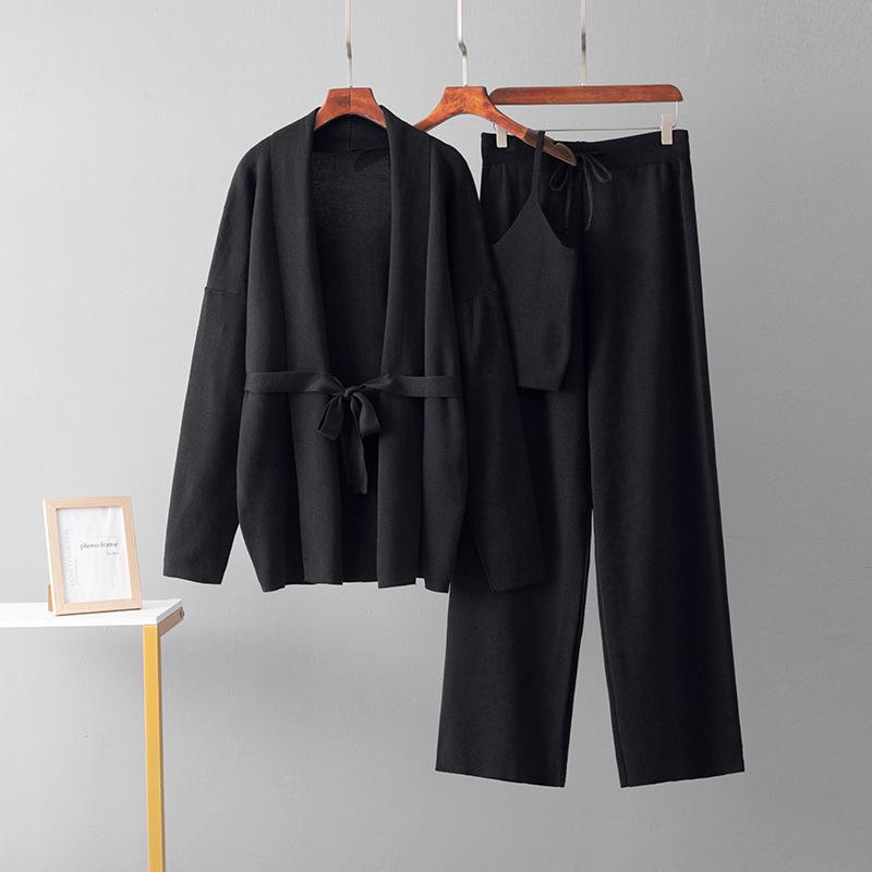 Women's Trendy Casual Wool Three-Piece Suit: Knitted Cardigan, Suspenders, and Wide-Leg Pants.