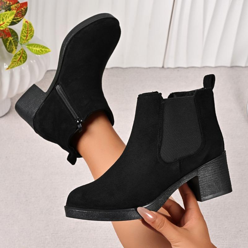 Women's Block Heel Booties Autumn New Round Toe Suede Side Zip Platform Anti-Slip Wear-Resistant Single Boots