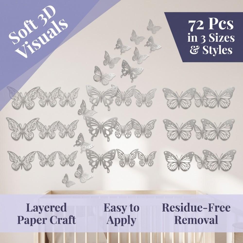 72Pcs Hollow Design Butterfly Wall Stickers Easy Cleaning 3D Butterfly Wall Decor Wall Decoration