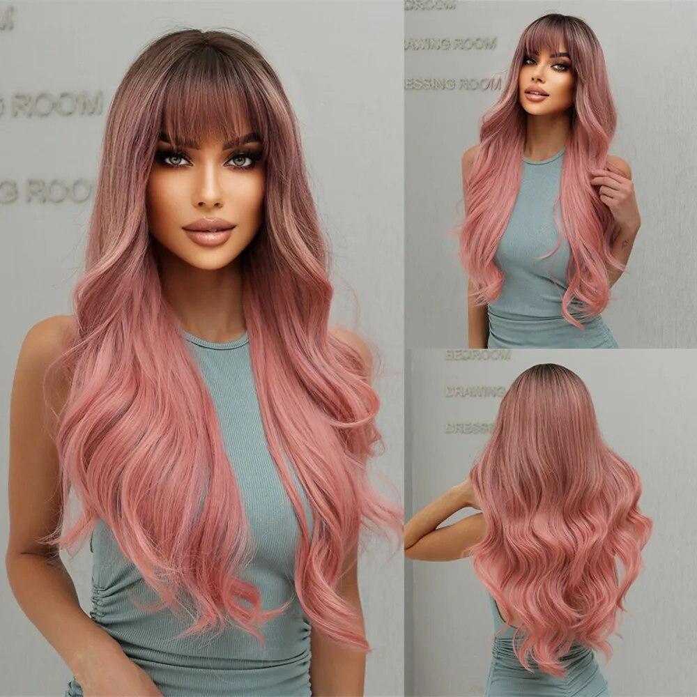 ALAN EATON Long Curly Wavy Red Synthetic Hair Wigs with Bangs Long Women Darty Wigs Daily Cosplay Wig Heat Resistant Fiber Wigs