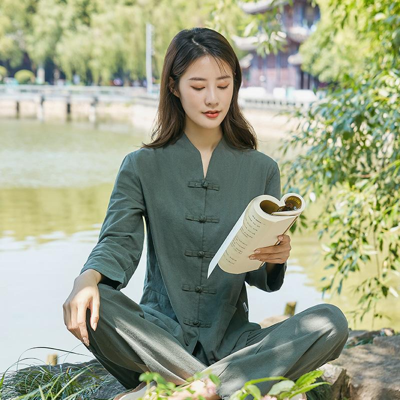 Women's Four Seasons Plus Size Sitting Meditation Tai Chi Set Long Sleeve Loose Top + Pants Two Piece Set
