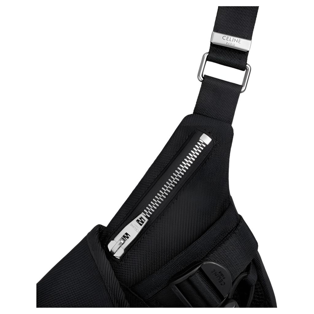 Celine Logo Print Adjustable Shoulder Strap Nylon Waist Bag Small Men waist bag Black 116362DMT-38SI