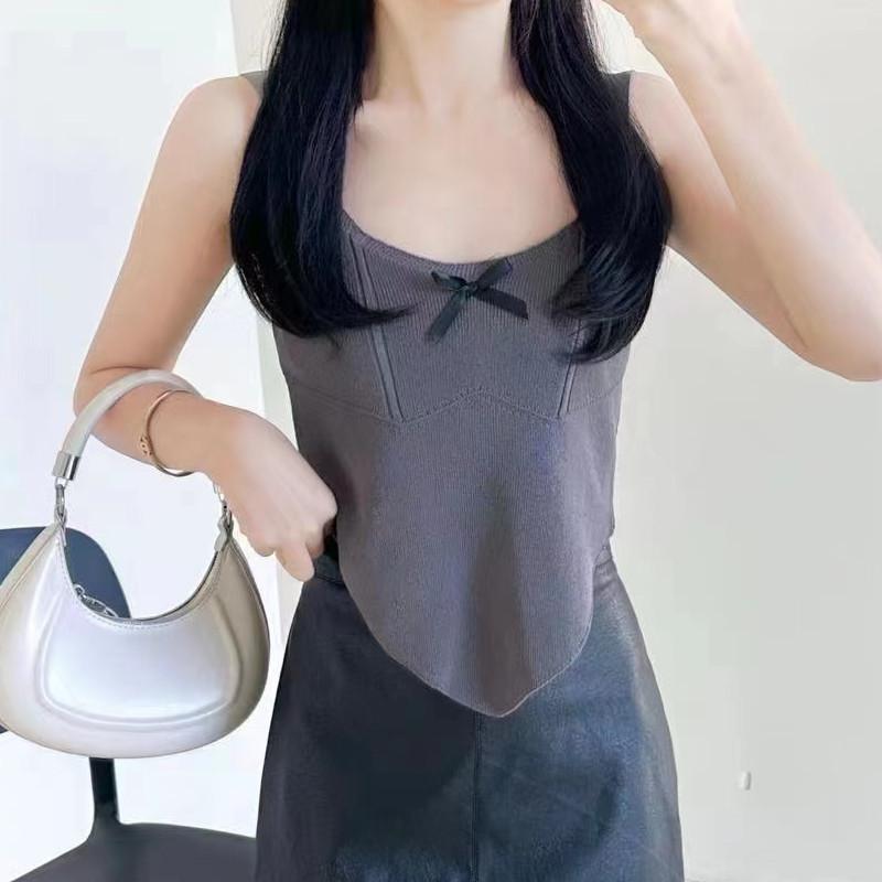 Spring and Summer New Style Design and Temperament Simple Bow Irregular Knitted Suspender Vest Versatile Top for Women