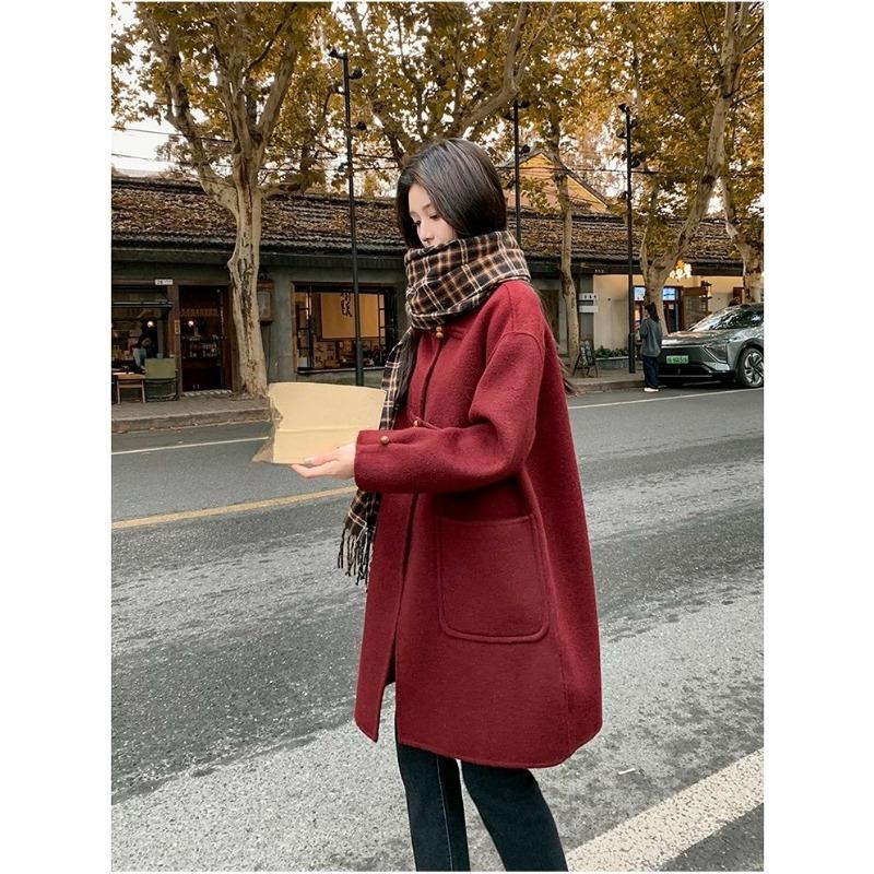 Gray Wool Coat Women Autumn Winter Middle Long Length Petite Pure Color Button Design Outerwear