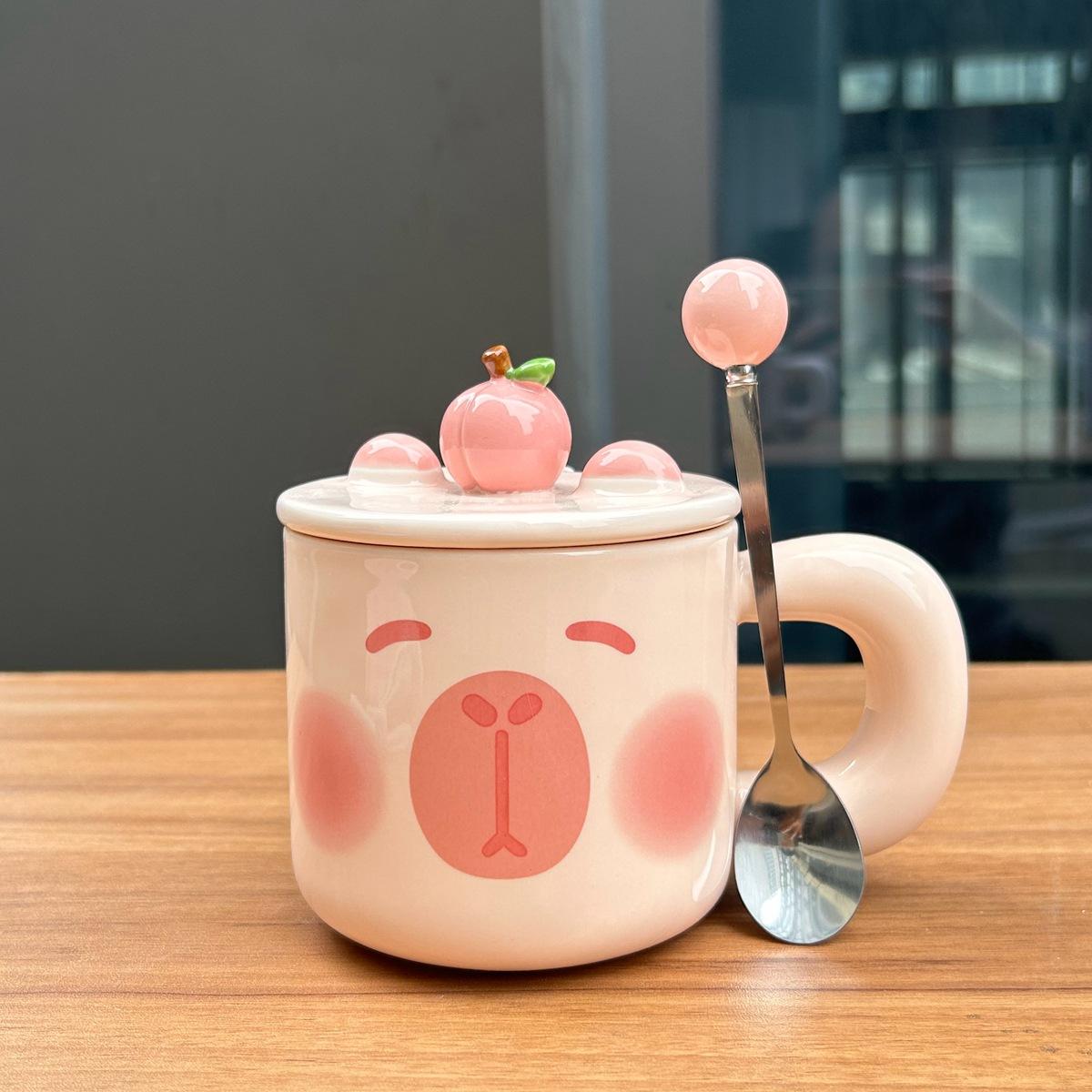 

Yellow Cartoon Cute Bear Ceramic Large Capacity with Lid Spoon Mug Drinking Water Cup Birthday Gift for Girls Practical 480ml