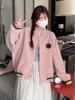 Women's Pink Retro Baseball Jacket: Casual, Loose, Slimming, Autumn/Winter College Style Outerwear.