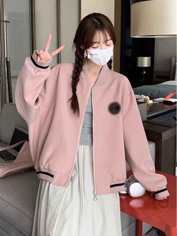 Women's Pink Retro Baseball Jacket: Casual, Loose, Slimming, Autumn/Winter College Style Outerwear.
