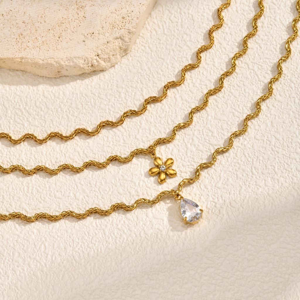 Wind Lady Collarbone Chain, Stainless Steel Wave Foxtail Chain Zircon Flower Water Drop Pendant Necklace Nc-2269