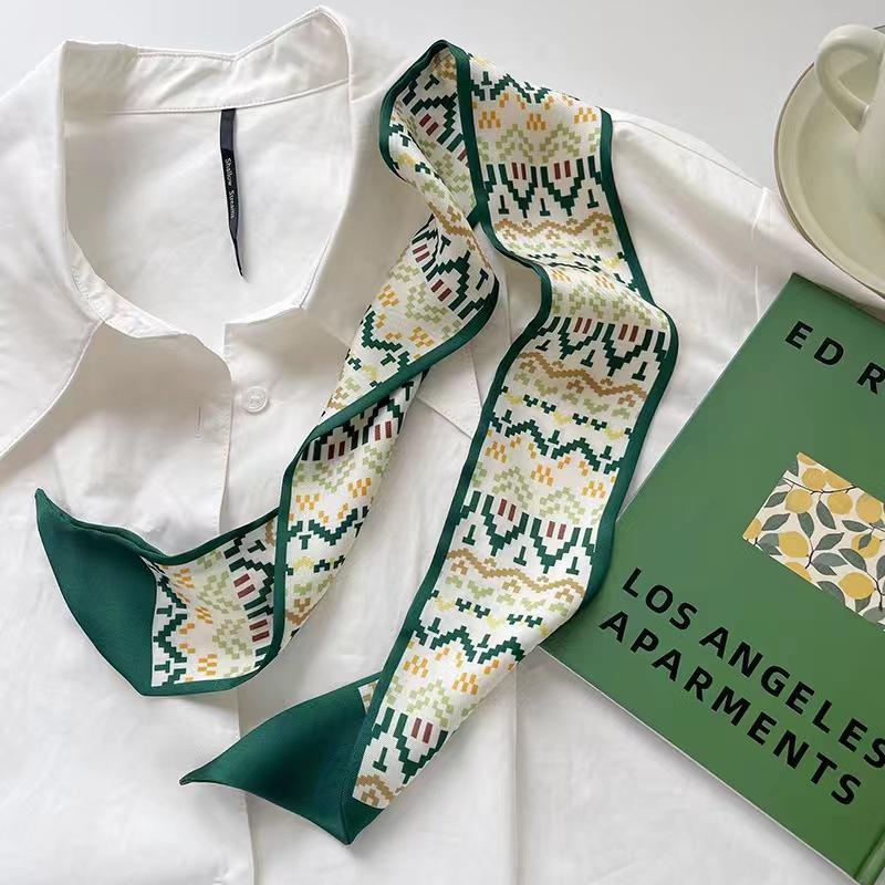 Small White And Tender Green Silk Scarf For Women, Thin Streamer, Headband, Hair Tie, Bag Decoration Long