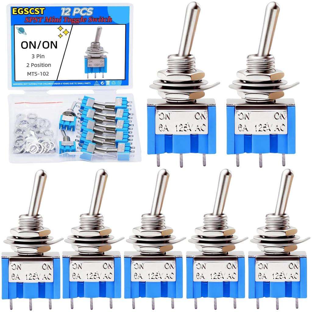 12PCS Mini Toggle Switch SPST 6A 125V Miniature ON/ON 3 Pin 2 Position Micro Rocker Switches 6 Amp 125 Volt MTS-102