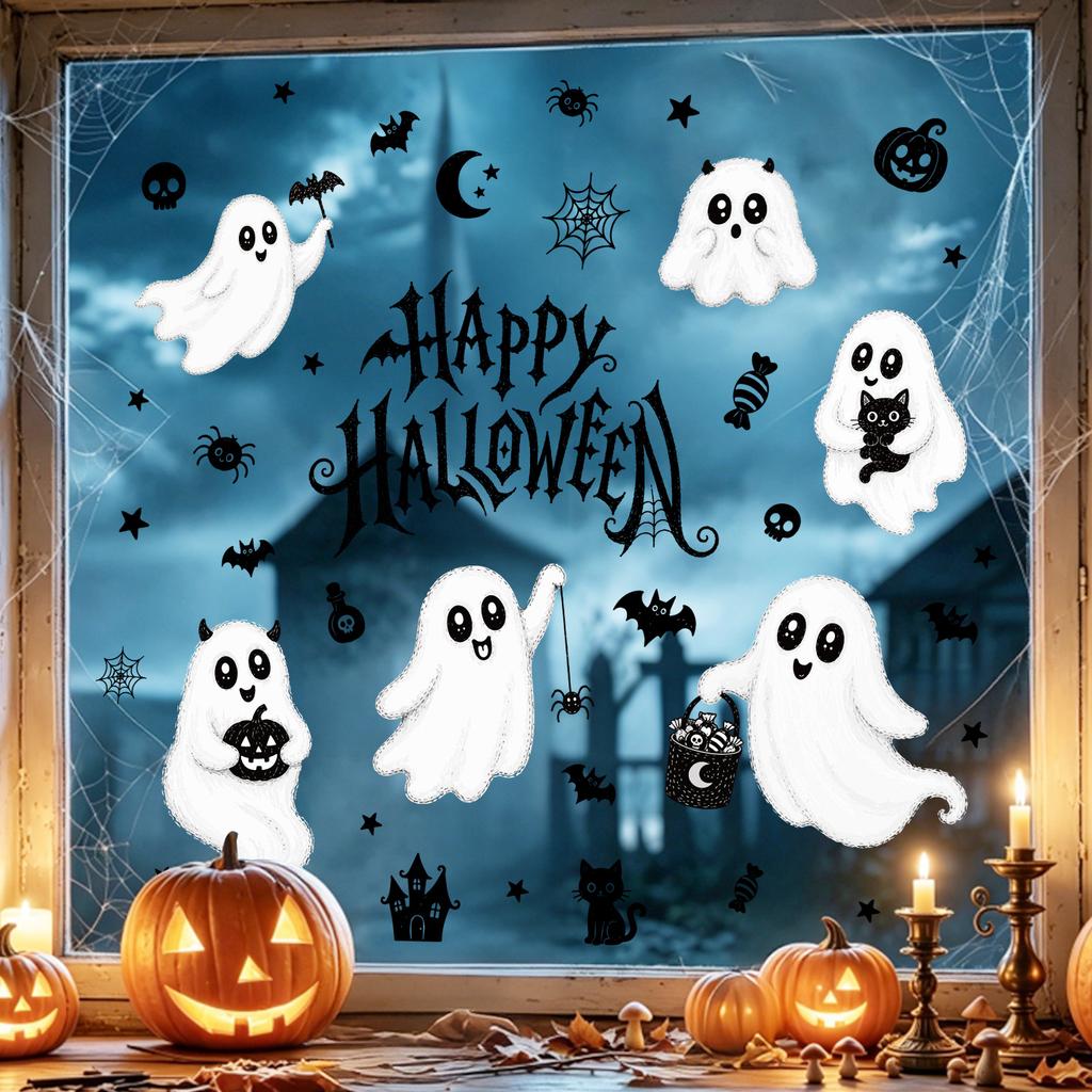 Halloween Cartoon Ghost Static Window Sticker Bat Glass Sticker Adhesive-free Removable Party Decoration PVC Sticker