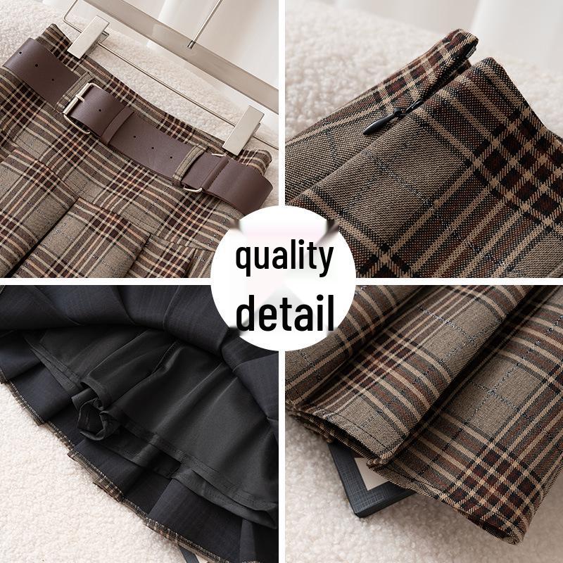 2025 Women's High Waist Brown Plaid Pleated Skirt - Slimming College Style Autumn Short Skirt