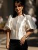 Women's Puff Sleeve Round Neck Top - Elegant Commuting Style, Versatile Five-Point Sleeve Blouse