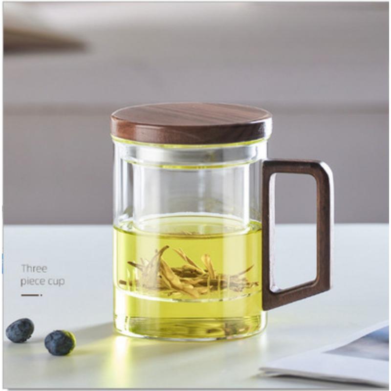 

Green Dull Glass Men s Lingkong Three Piece Cup Side Wooden Glass Tea Water Separation Flower Tea Cup Office Brewing Tea Cup 300-525ml