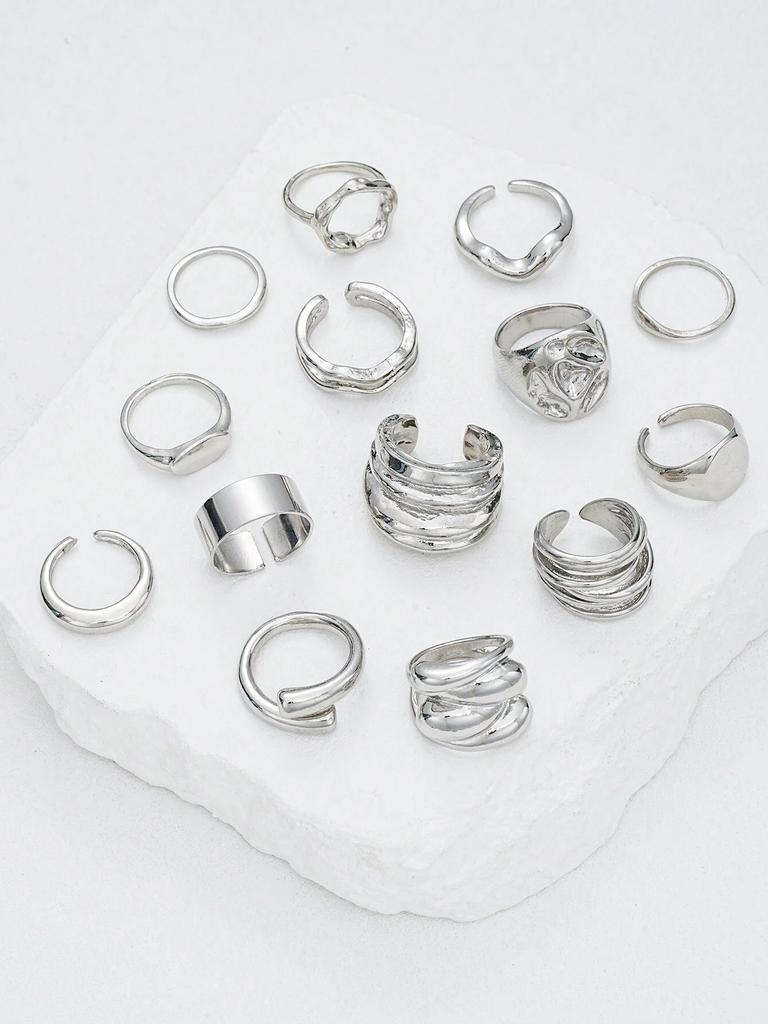 14pcs Asymmetrical Design Cocktail Rings Set For Women Vintage Smooth Chunky Geometric Irregular Finger Rings Daily Jewelry Gift