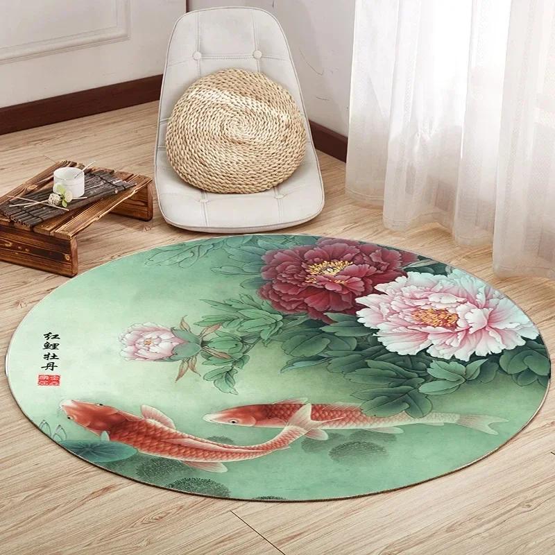 Lotus Flower Round Carpet Living Room Bedroom Yoga Mat Rugs Chinese Style Retro Non-slip Chair Mat Home Decoration Floor Mats