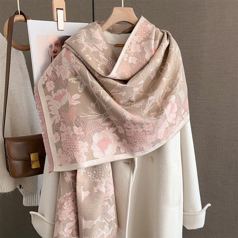 

Autumn Winter Scarf Women Pashmina Shawls Cashmere Blanket Warm Thick Chunky Stoles Lady Elegant Poncho Floral Outdoor Bufanda 65X185cm