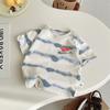 Children's Summer Short Sleeved Set with Korean Striped Printed T-shirt and Soft Denim Shorts Summer Two-piece Set