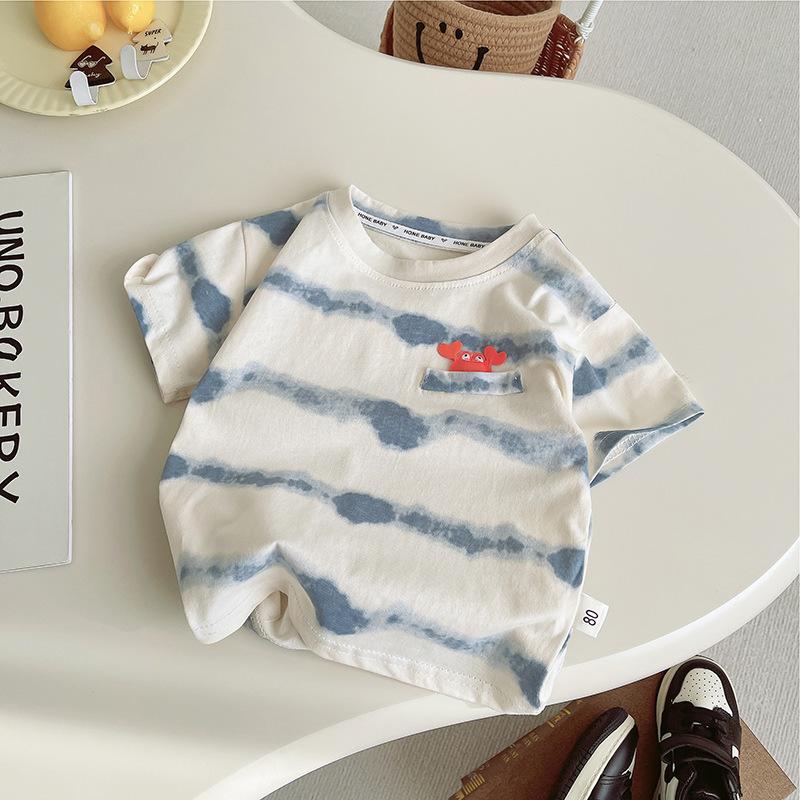 Children's Summer Short Sleeved Set with Korean Striped Printed T-shirt and Soft Denim Shorts Summer Two-piece Set