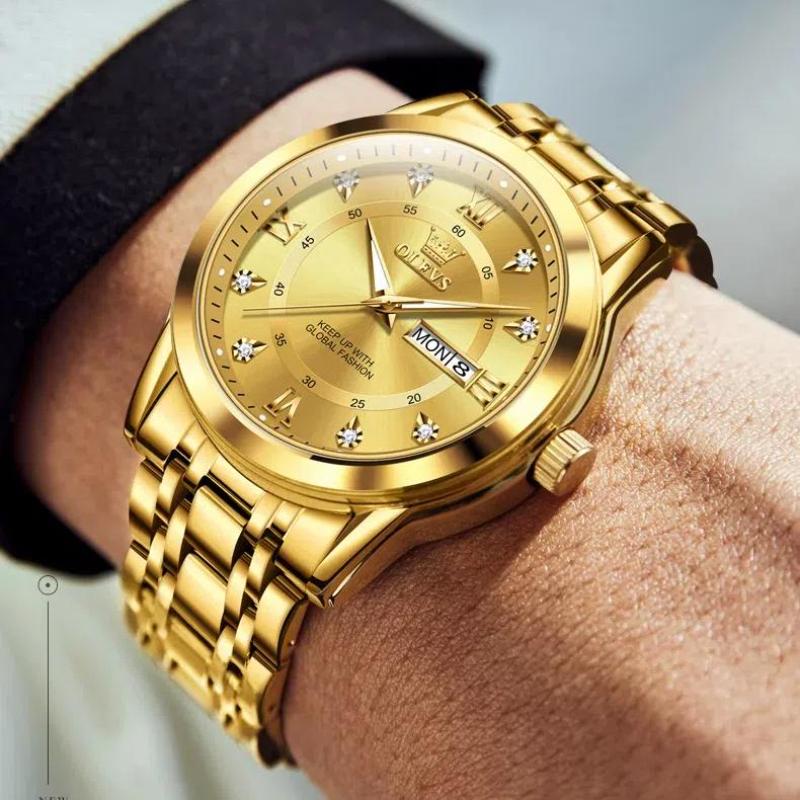 OLEVS Quarzuhr für Herren, Luxus-Diamanten, Golduhr, wasserdicht, leuchtend, Edelstahl, Business-Herren-Quarzuhren