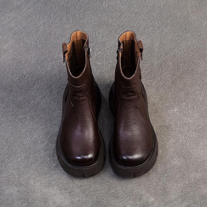 Johnature British Style Thick Soled Genuine Leather Mid-calf Boots Versatile Women's Flat Platform Shoes