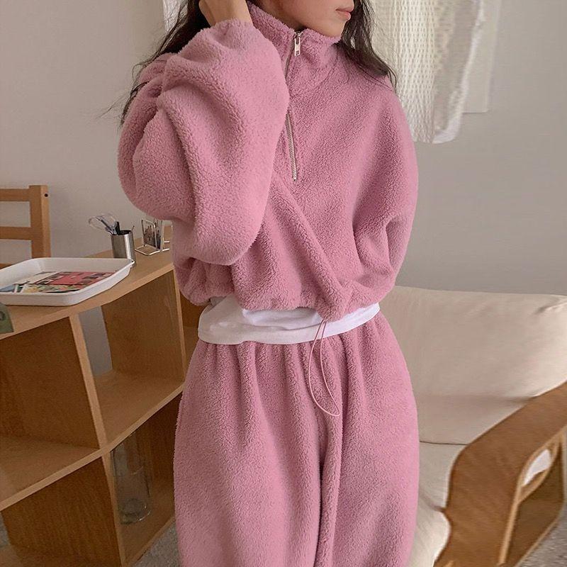 Autumn Winter Set Women's New Korean Version of Ins Warm Stand Collar Jumper Hoodie + Loose Bunches of Pants Two-piece Set