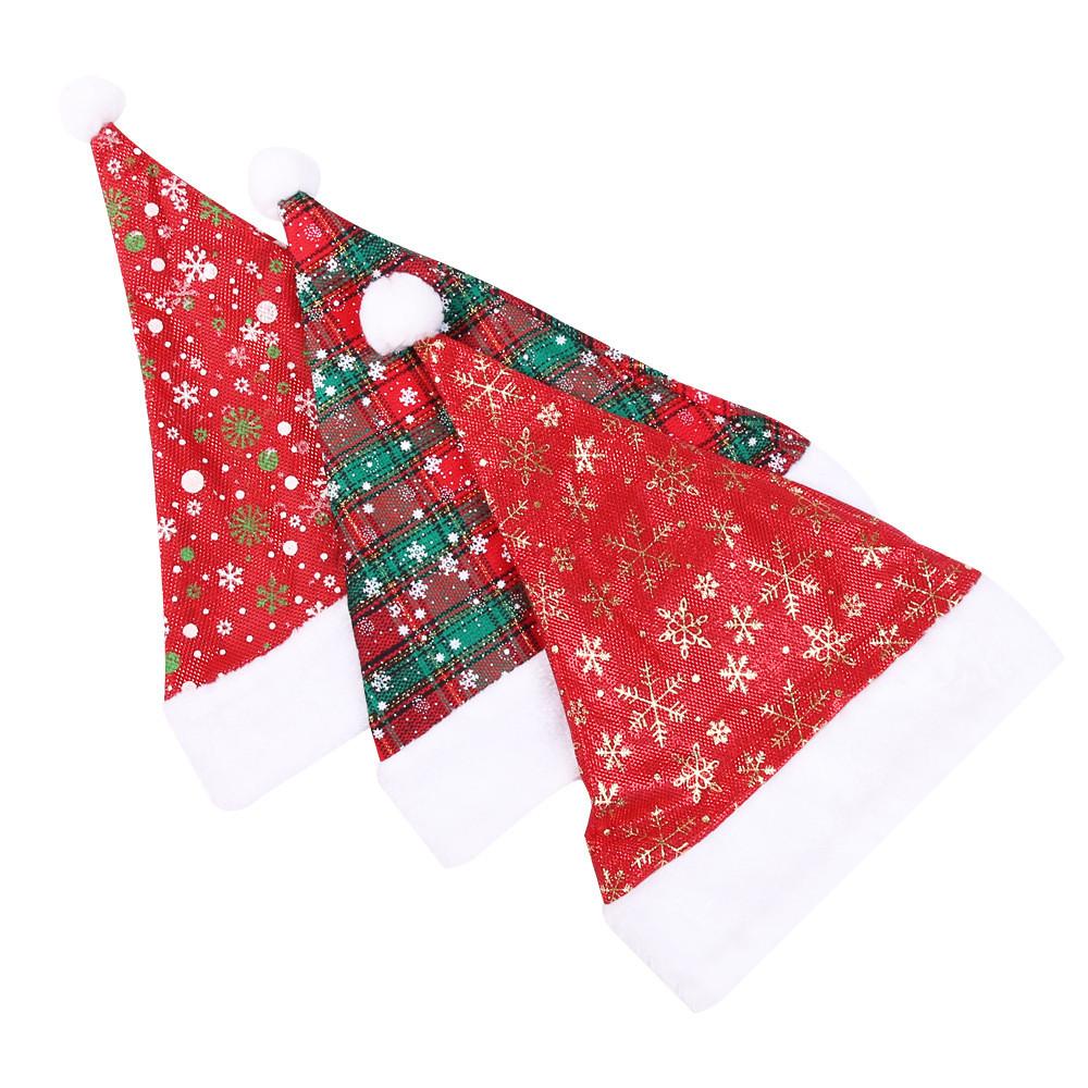 Festive Thick Red Plaid Santa Hat Plush Snowflake Christmas Decoration Cap