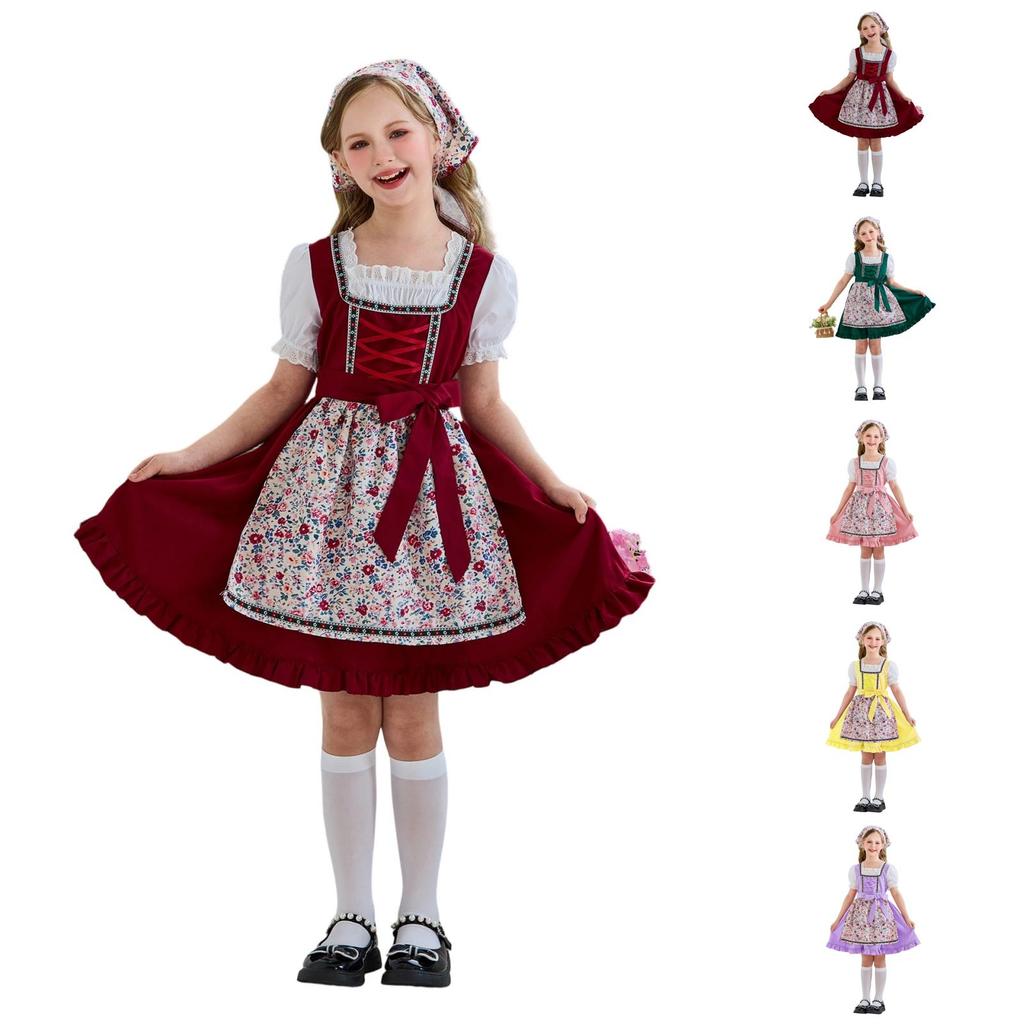 Girls Traditional Dress Oktoberfest Costume Country Style Apron Dress with Headscarf and Puff Sleeve Shirt for Kids