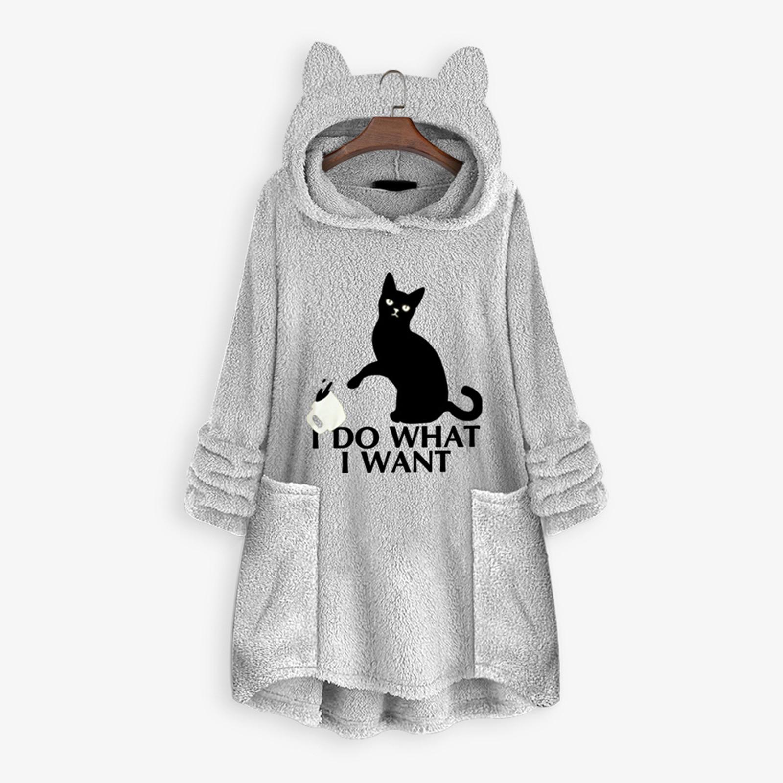 Women Fleece Embroidery Ear Plus Size Hoodie Pocket Top Sweater Blouse M