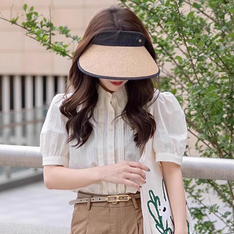 Leaf Metal Mark Empty Top Hat Braided Large Edge Sun Protection Sun Protection UV Rays Hat Showing Small Face