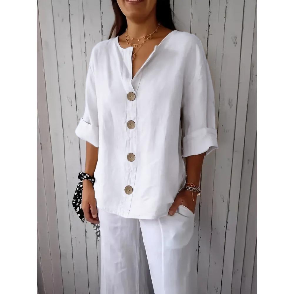 

Простая рубашка для женщин, женская свободная футболка с V-образным вырезом и рукавом три четверти, на пуговицах, классические однотонные топы для поездок на работу 5XL белый