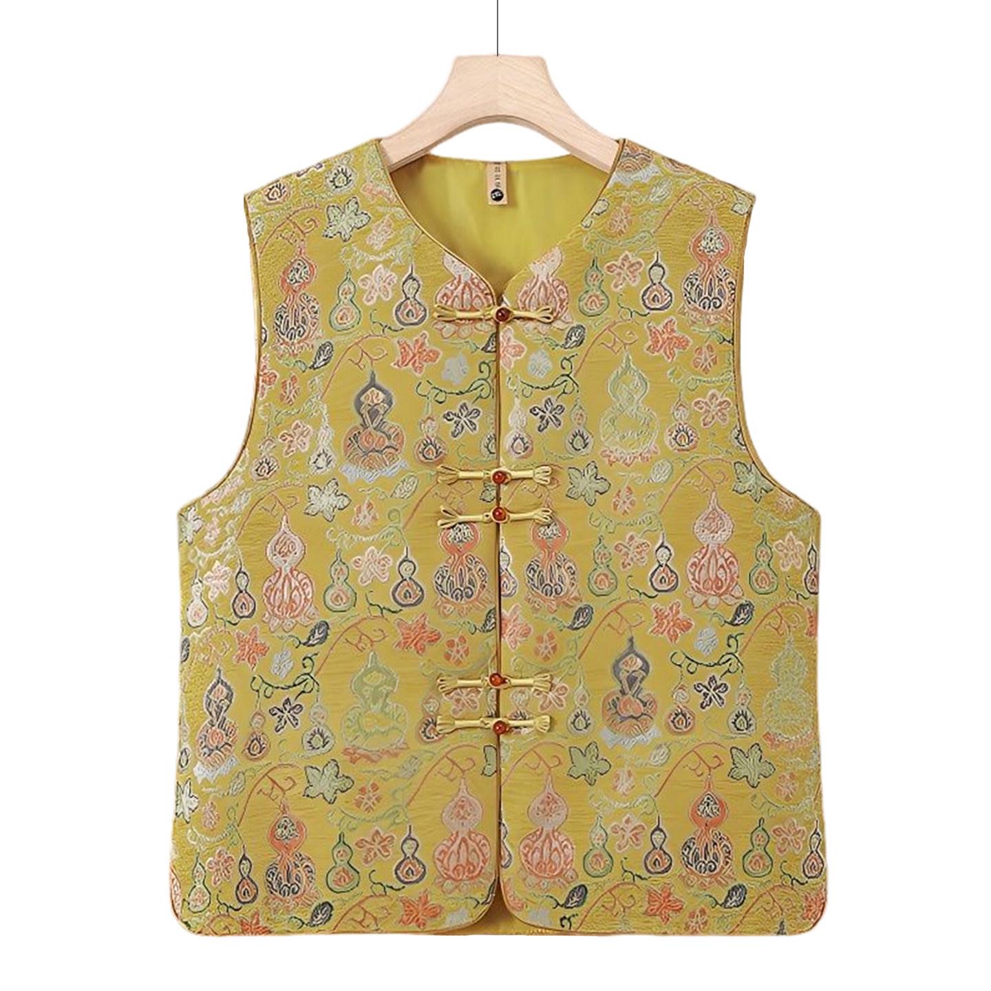 

Spring Sleeveless Printed Vest for Mothers & Seniors - National Style, Fashionable & Versatile Shawl 3XL - For 120-135 jin жёлтый