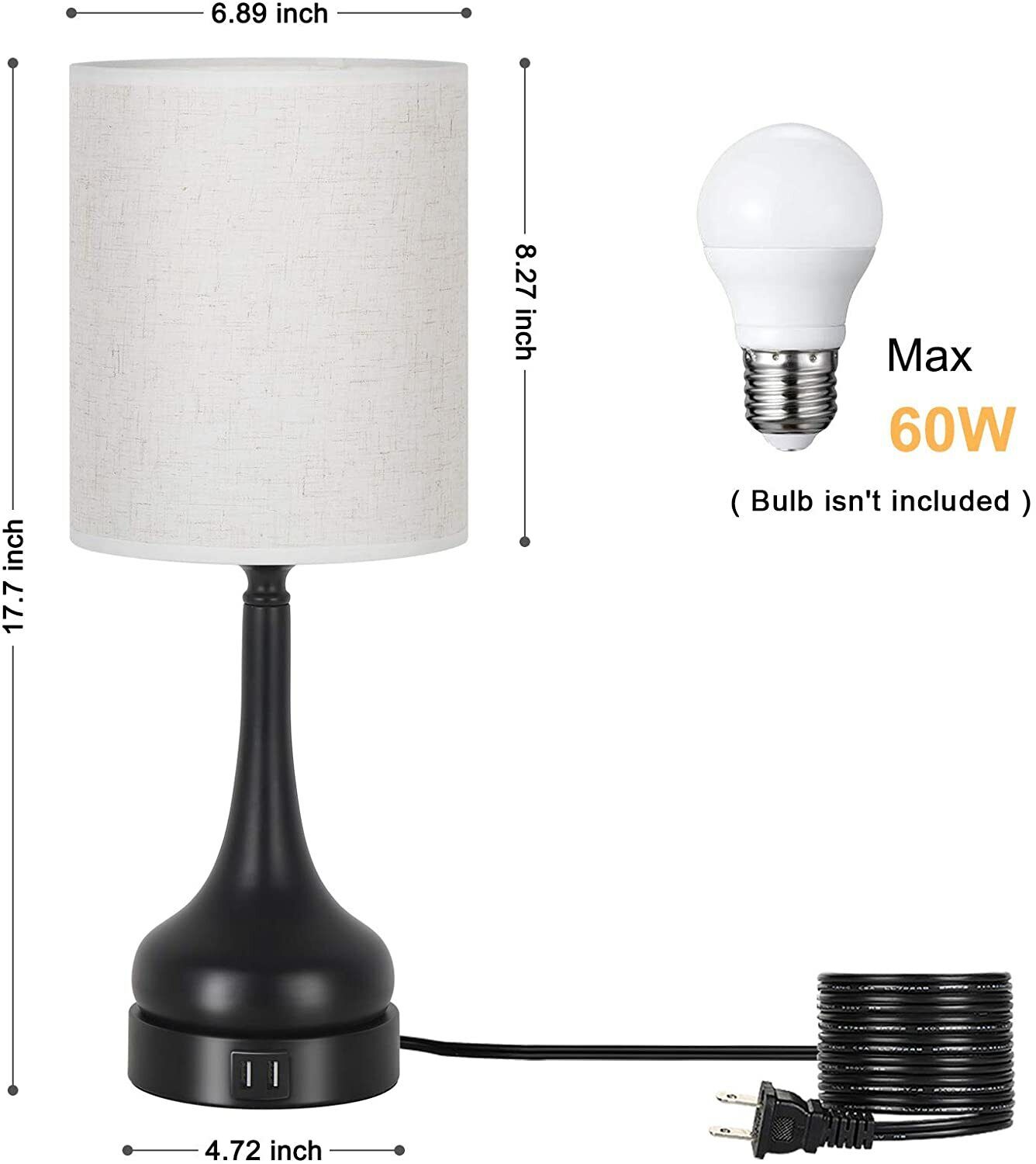 

Bedside Lamp Bedroom Table Lamp Set of 2 Table Lamps with Touch Control for Living Room with USB Charging Ports чёрный